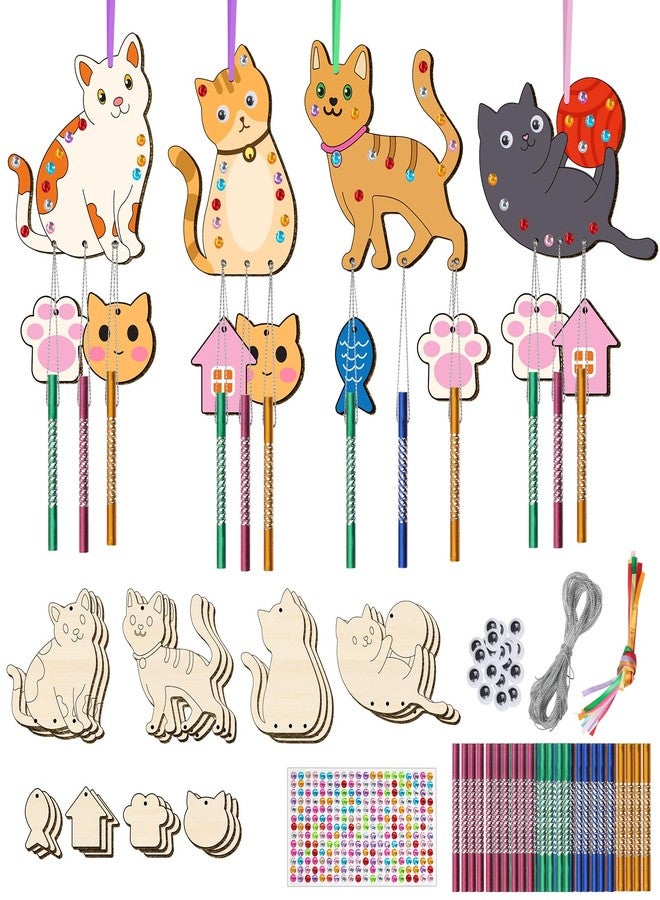 TREACLUB 12 Pack Wind Chime Kit for Kids, Make Your Own Wind Chime DIY Wood Arts and Crafts Decorative Coloring Wooden Hanging Ornaments for Girls Boys Home School Activity Party Supplies(Cute Cat) - Image 1
